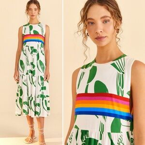 NWT Farm Rio Rainbow Toucan Print Cotton Midi Dress White Green Medium